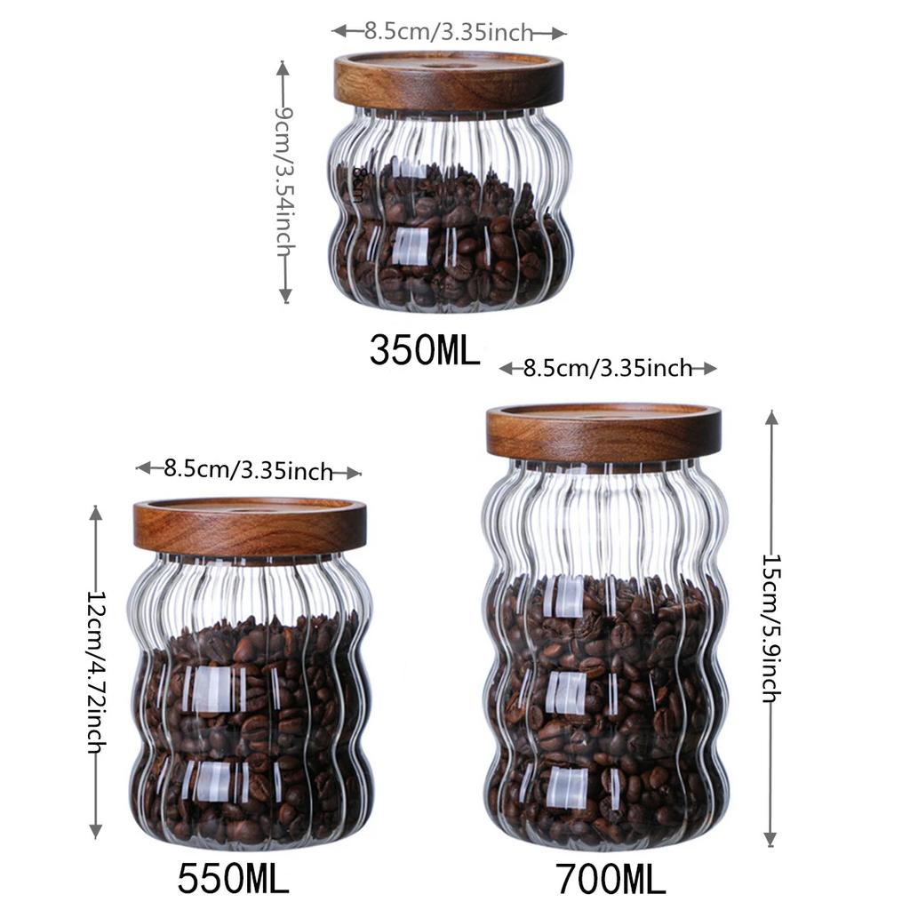 Деревянная крышка Полосатая стеклянная бутылка для хранения Запечатанная банка Чай Кофе Зерна Зерна Банки для конфет Органайзер Кухонная еда Стеклянные контейнеры