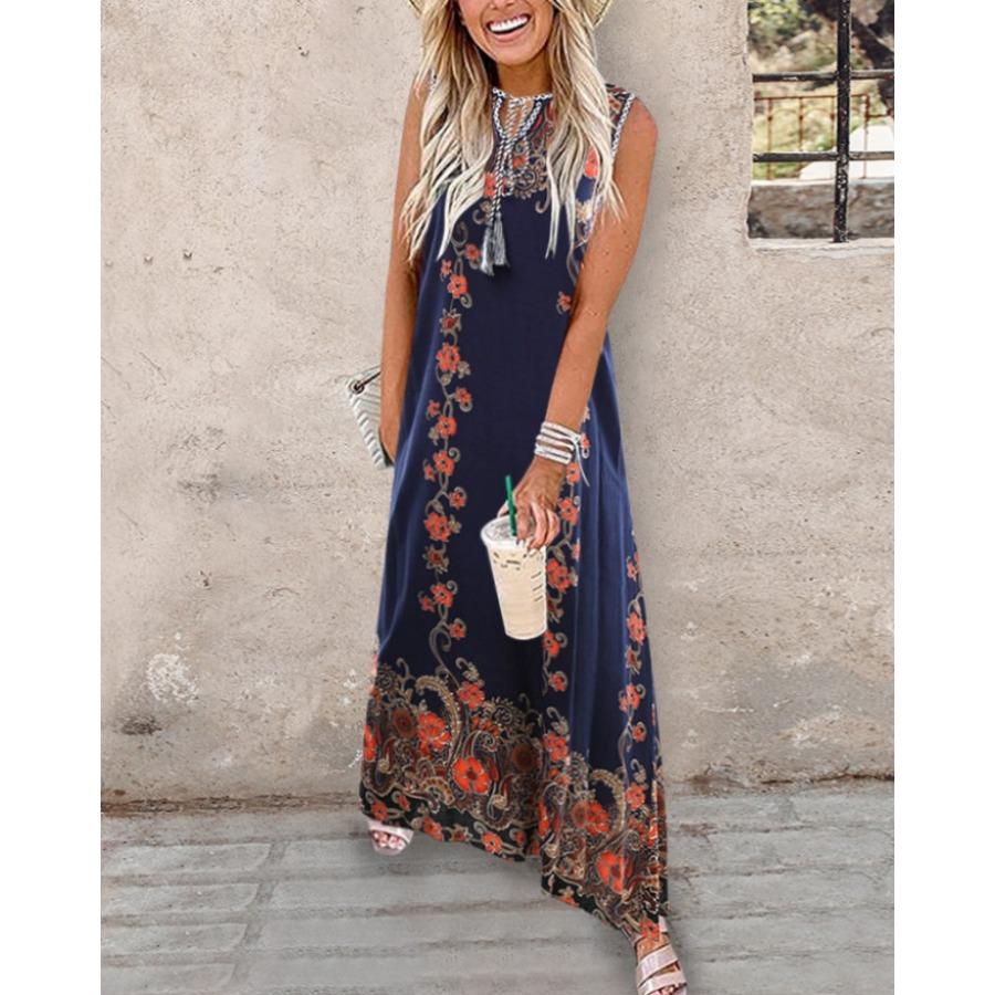 Summer Women Digital Position Print Sleeveless Long Lace Up Dress