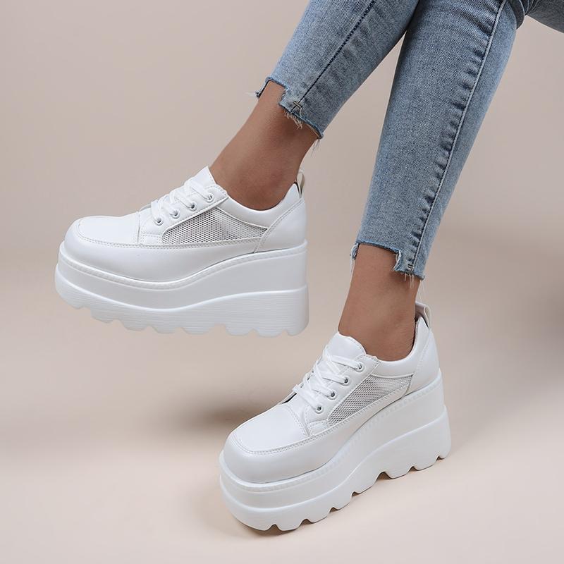 Fashion 2025 NEW White Wedge Sneakers Shoes Platform Breathable Hollow Shoes Chunky Platform Heel Pumps Shoes Women Heels