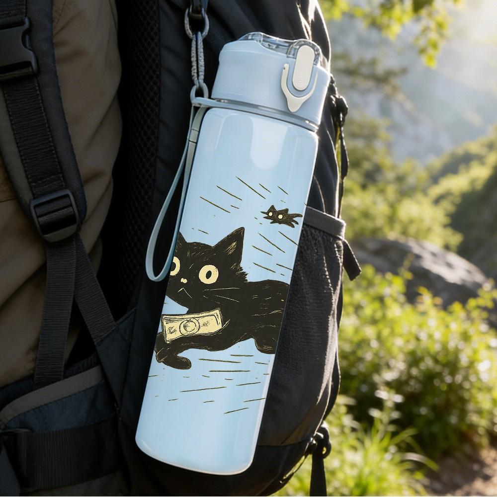 1PC Black Cat Flying Butterfly Layout 750ml Color Plastic Sports Water Bottle Leakproof Flip Straw Lid For Sports Office Home Use