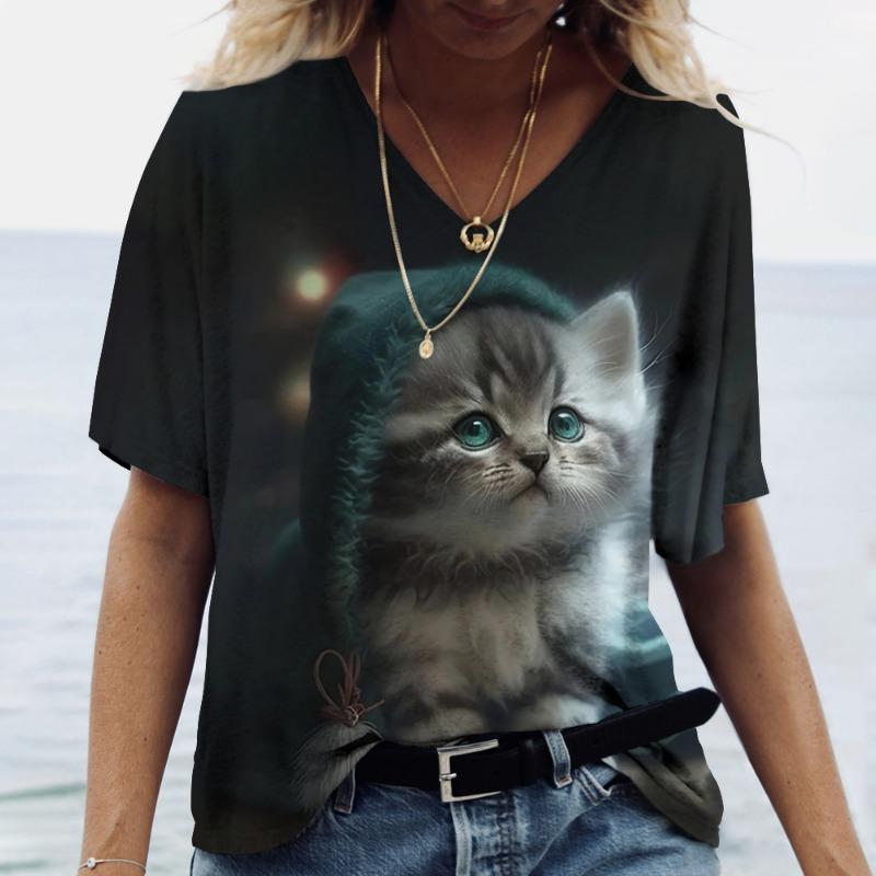 Женская футболка Kawaii Cat Print 3D футболка Топ для девочек Y2k Одежда Летние футболки с короткими рукавами с v-образным вырезом Повседневная праздничная женская футболка