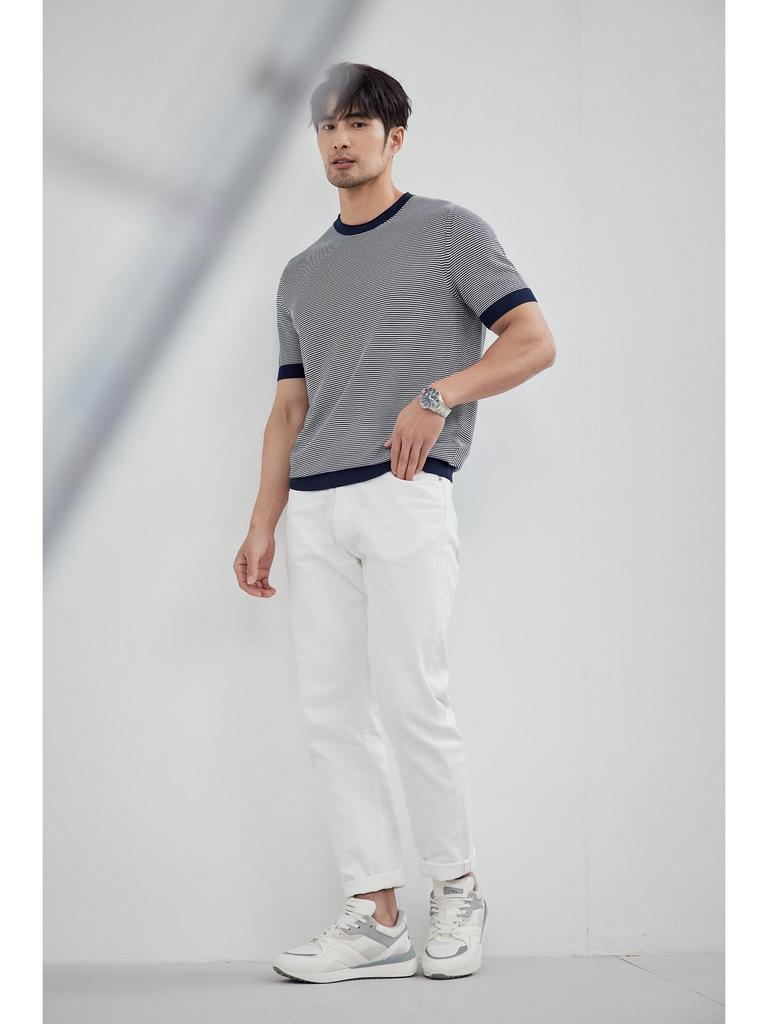 Мужское полосатое поло 2024 года: Трикотажная футболка с коротким рукавом и универсальным круглым вырезом