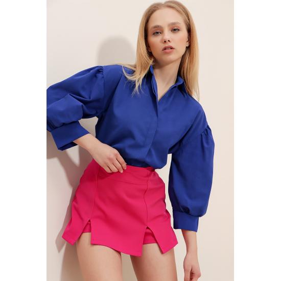 Women's Brown Concealed Pleat Balloon Sleeve Basic Poplin Shirt