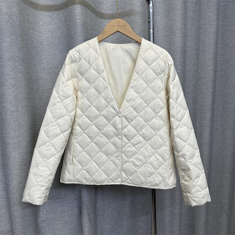 Coat with down jacket women's short autumn and winter light V-neck liner slim rhombus grid warm base tide