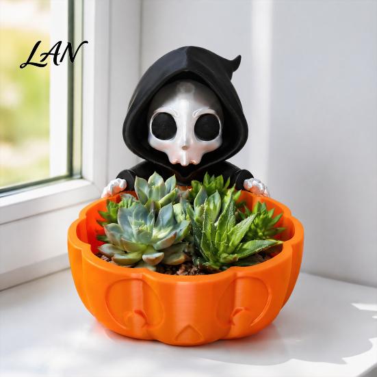 Large Capacity Pumpkin Slot Halloween Candy Bowl, 3D Printed Grim Reaper Snack Holder Dish, Spooky Bowl Skeleton Serving for Home, Office, Desk,