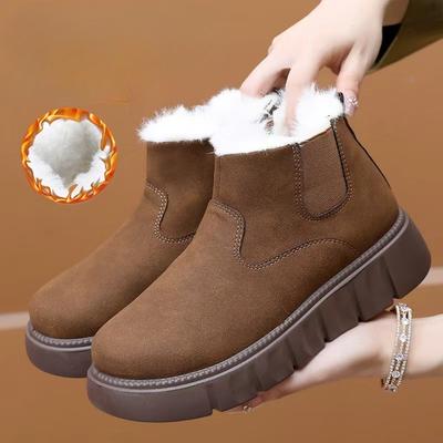 Зимние теплые женские сноубутсы, пушистые ботильоны на массивной платформе, нескользящая обувь для ходьбы с подкладкой из искусственного меха, женские короткие ботильоны из искусственной замши для улицы