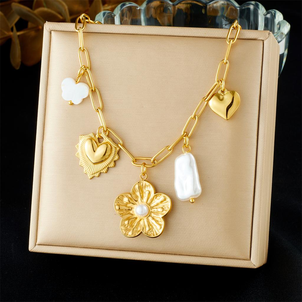 316L Stainless Steel Pearl Inlay Flower Butterfly Heart Pendant Necklace Women Classic Fascinating Neck Chain Jewelry