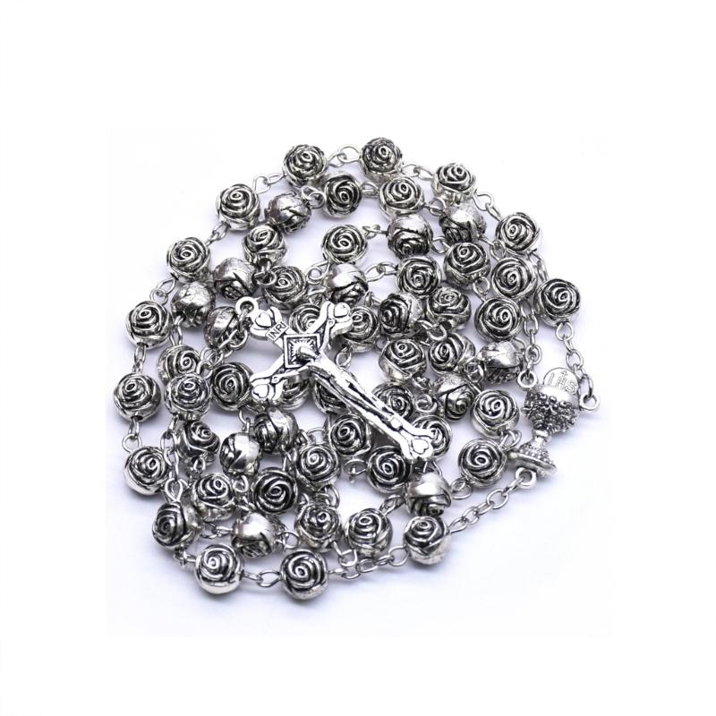 Catholic Rosary Necklace Plastic Rose Flowers Bead Cross Crucifix Pendant Vintage Religious Jewelry for Women Meditation