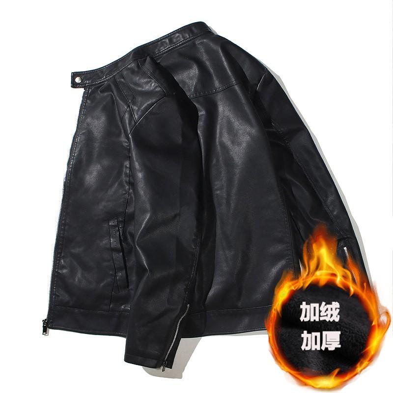 Mens Stand Collar PU Leather Jacket Fleece Lined Plus Size Casual Biker Coat Daily Wear