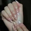Elegant Acrylic False Nail Almond Shape with Floral Pattern and Gold Detail Stick On Nail for Manicure 24 Pieces