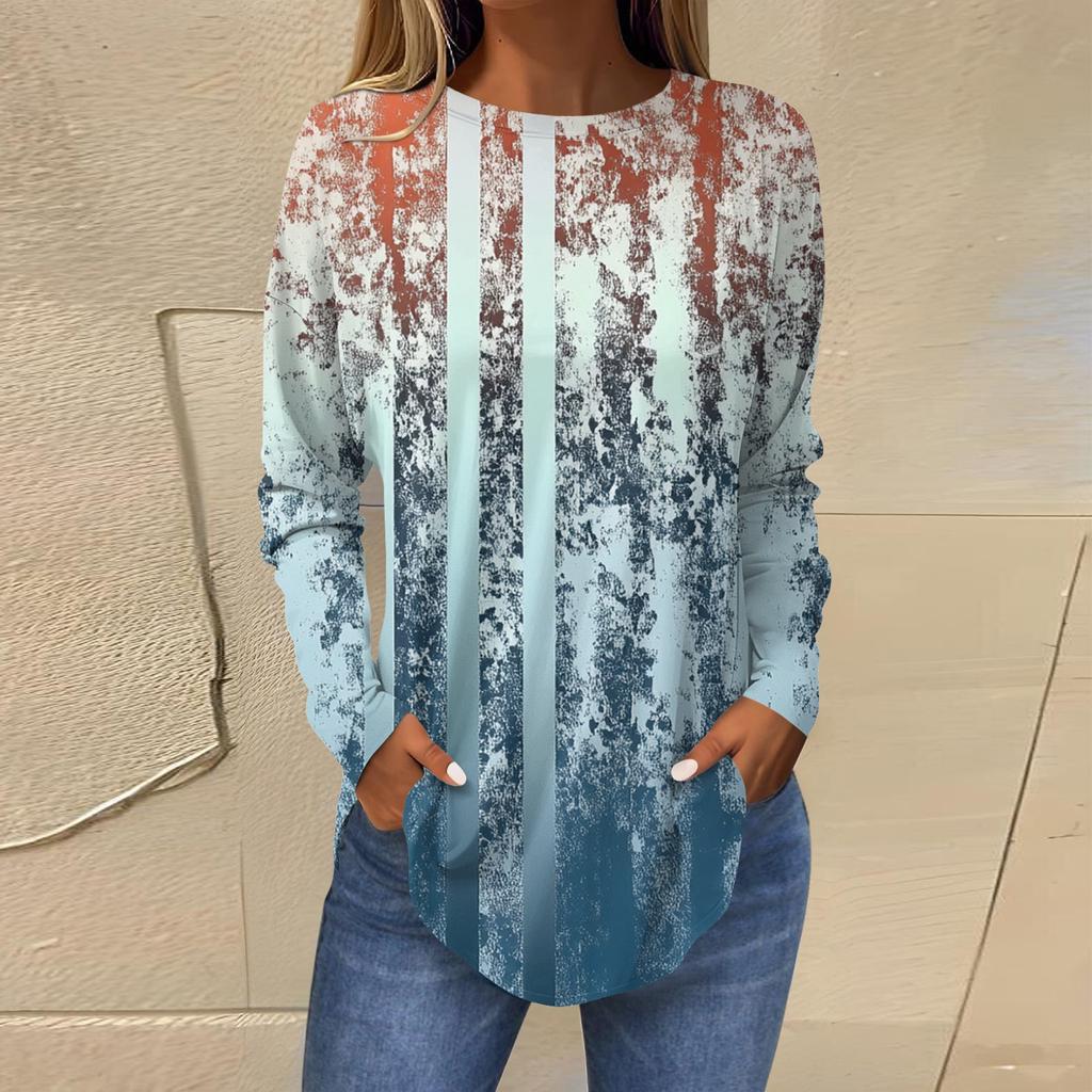 Women's Loose Round Neck Print Long Sleeve T-Shirt Top Pullover
