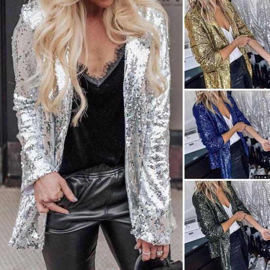 Женский повседневный кардиган с лацканами, длинным рукавом и открытой передней частью, пальто, однотонная куртка свободного покроя с блестящими пайетками, клубная одежда