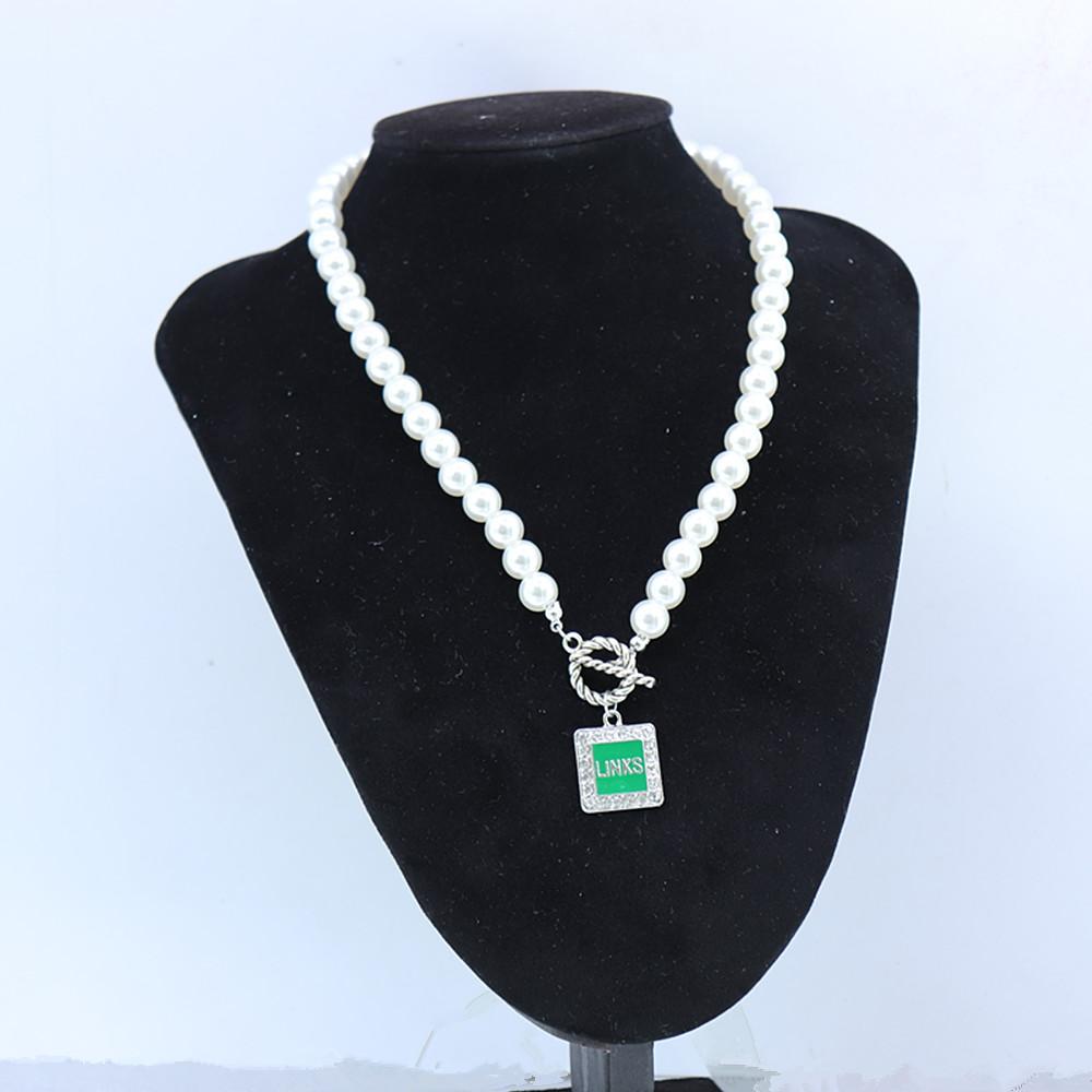 Women Wear 10mm Pearl Chain OT Buckle Square Pendant Greek Sorority Group Green the Incorporated Links Necklaces