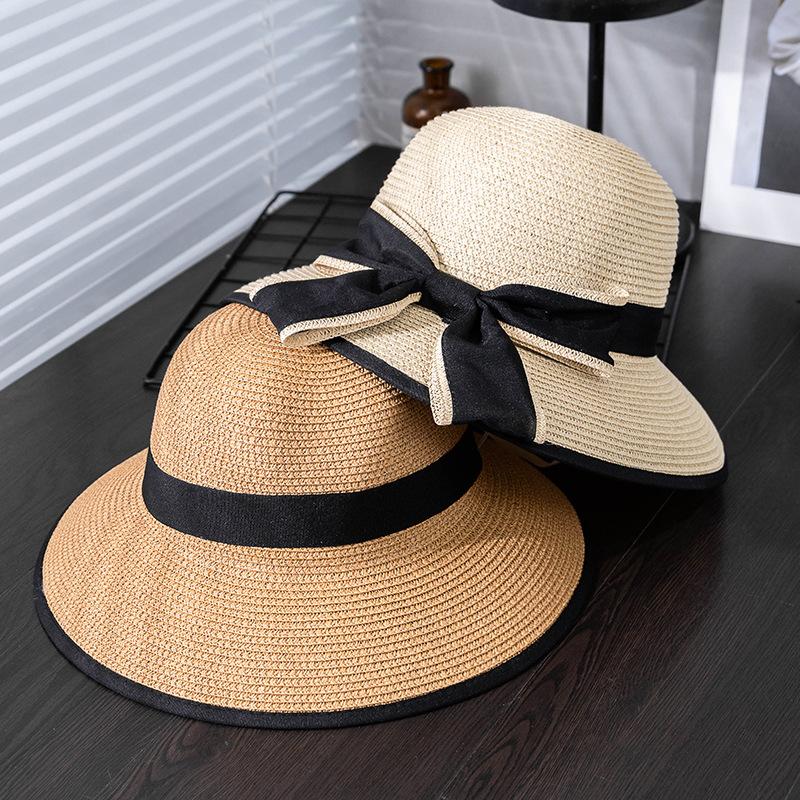 Large Bowknot Decor Bucket Hat Wide Brim French Style Straw Basin Hats Breathable Sunscreen Fisherman Cap for Women