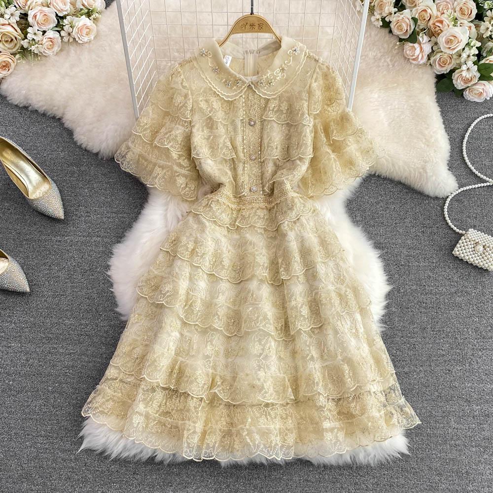 RUGOD Летнее светлое роскошное платье в дворцовом стиле в стиле ретро с кукольным воротником и высокой талией, тонкое кружевное платье трапециевидной формы, женское