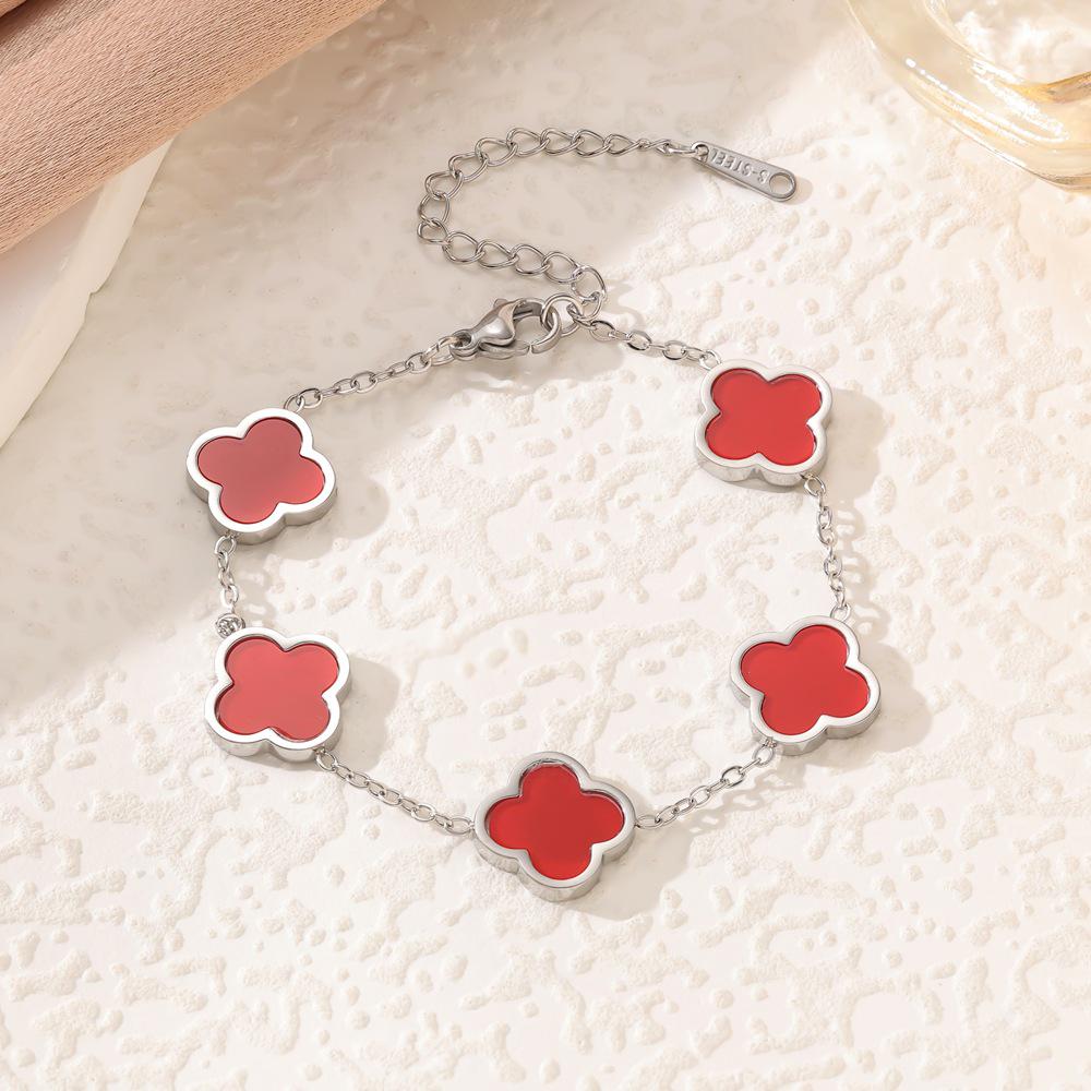 18k Gold-Plated Titanium Steel Four-Leaf Clover Bracelet with Mother-of-Pearl for Women