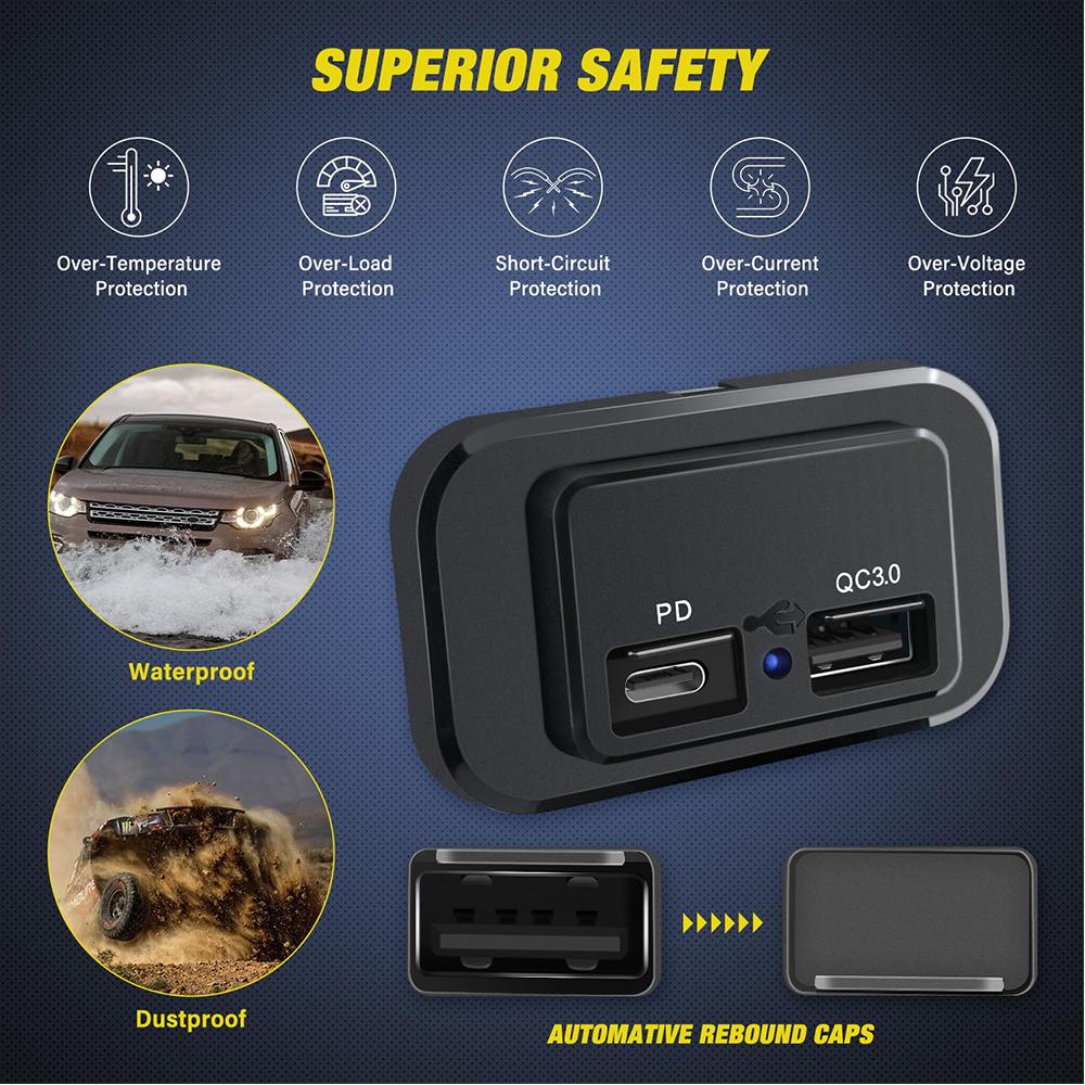 PD QC3.0 Car Charger Socket Quick Charge 12V/24V Dual USB Power Adapter Outlet LED Light For Truck Camper Caravan Accessories Motorcycle