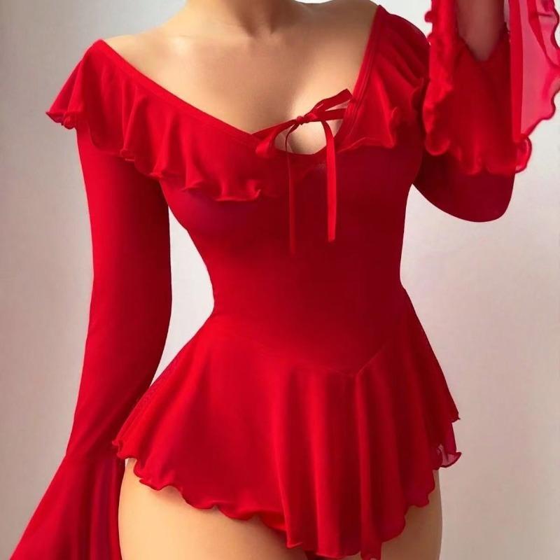 Plus Size Sexy Mesh Transparent Nightgown Rave Ruffle Bell Long Sleeve Off Shoulder Dress Lingerie Babydoll with Thong Nightwear