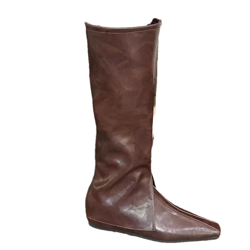 Женские туфли на плоской подошве, высокие сапоги с острым носком, классические ботинки челси, кожаные туфли до колена, тренд 2024 года, зимние дизайнерские готические туфли, Zapatos