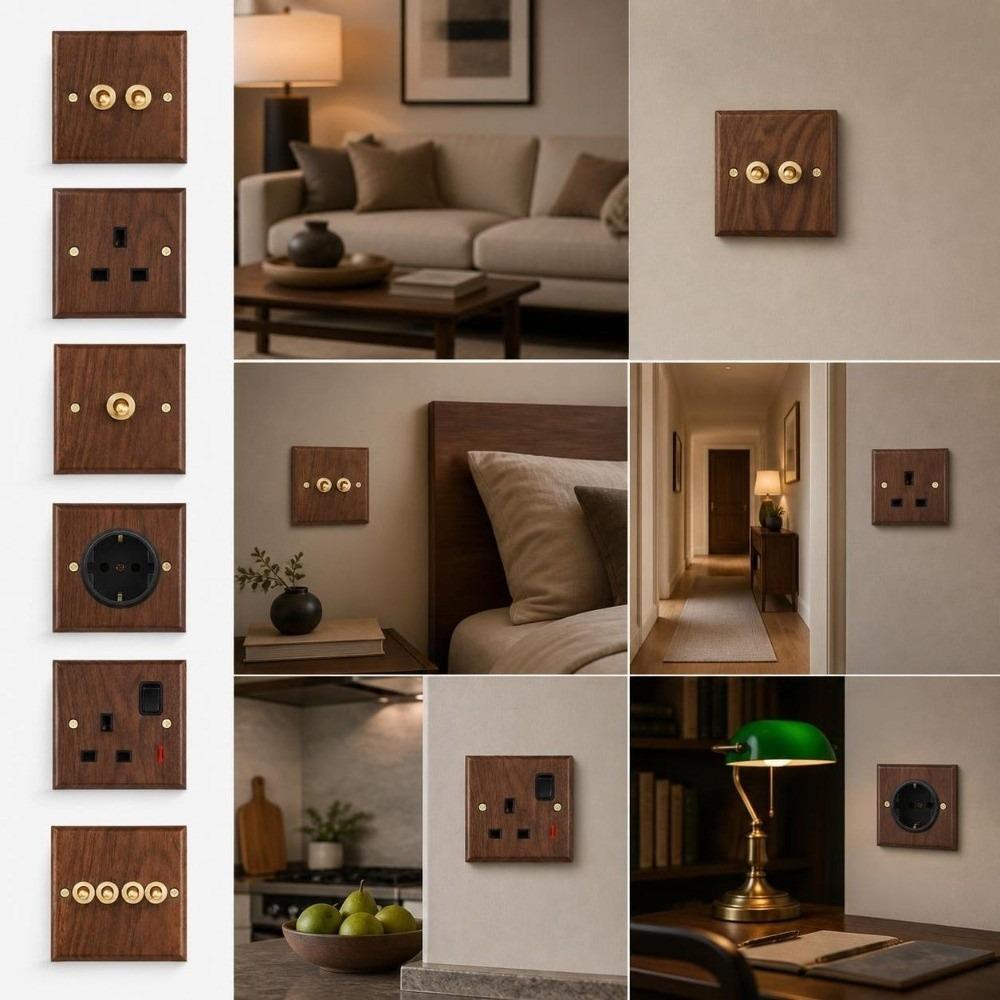 86 Type Wall Light Switch Panel Walnut Wood Brass Lever Wall Switch Cafe Renovation