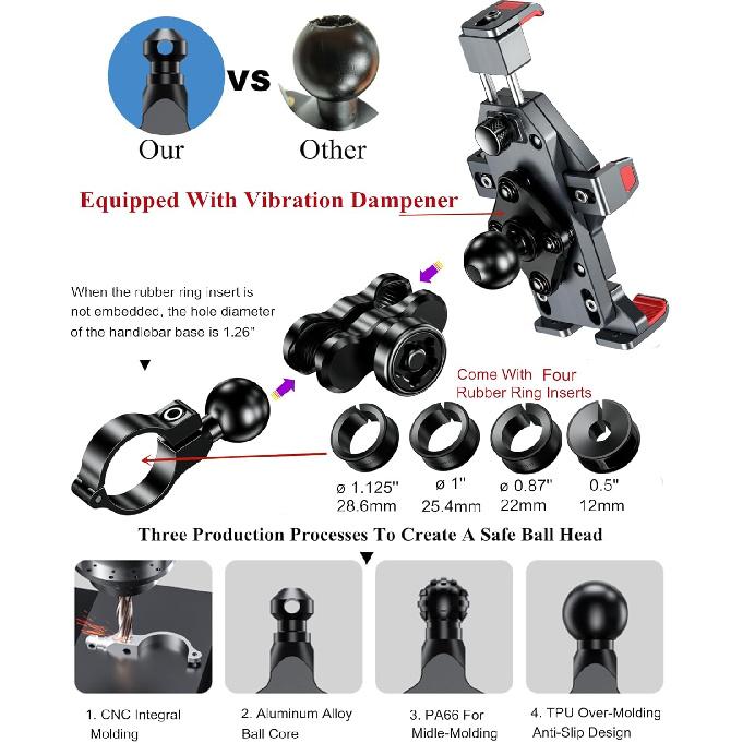 BRCOVAN Aluminum Alloy Motorcycle Phone Mount With Vibration Dampener & High-Speed Secure Lock, Anti-Theft Handlebar Cellphone Holder For Motorcycle