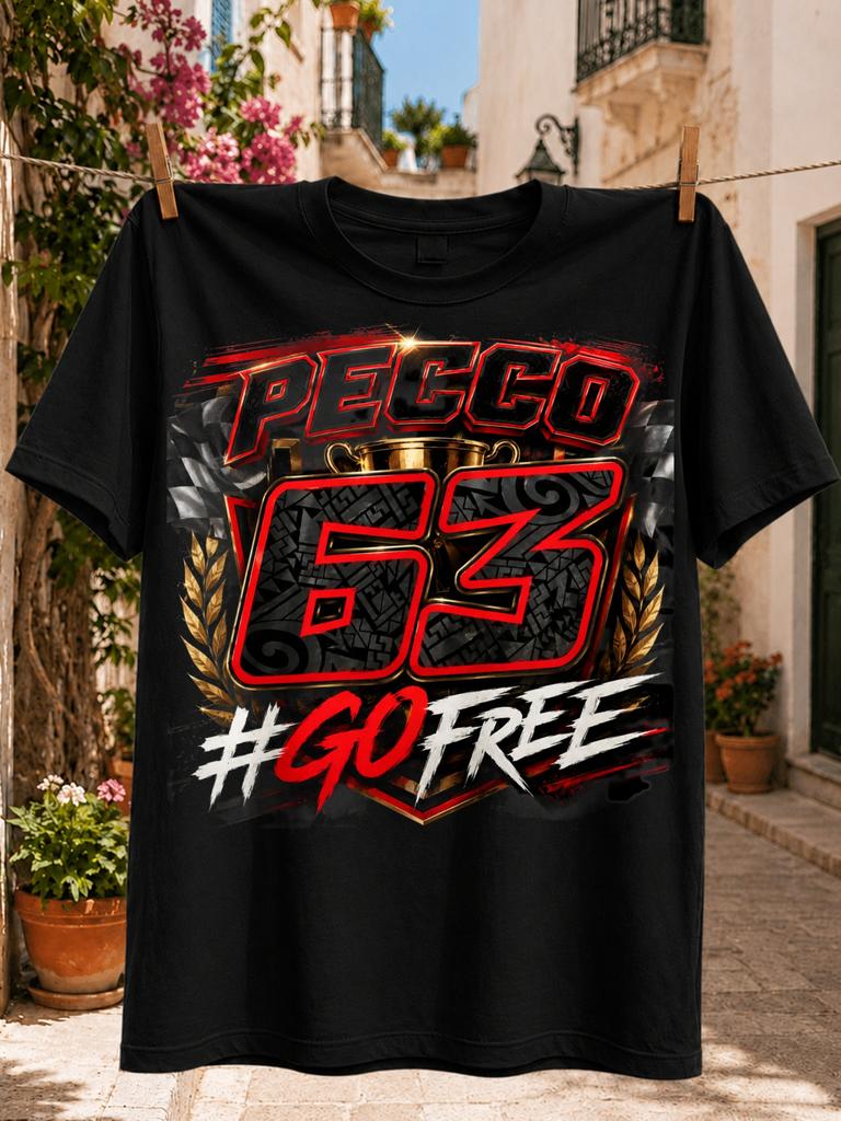 Pecco 63 Go Free Racing Tee Trophy Checkered Flags Laurel Wreath and Red Competition Graphic Style Unisex All TShirt