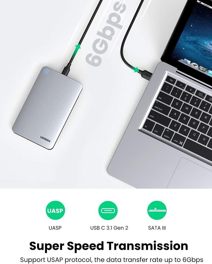 UGREEN Алюминиевый корпус 2,5" для SSD/HDD USB 3.1 Gen 2 UASP SATA III PS4//ПК Без инструментов