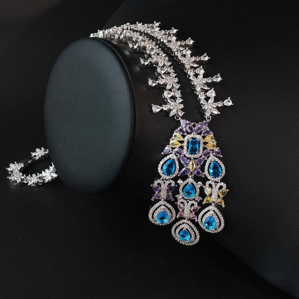 Luxury Multicolor Zircon Teardrop Necklace and Earrings Set for Women Elegant Crystal Jewelry for Wedding Party Evening Gown