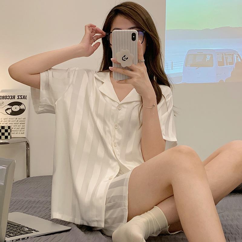 Summer Women's Ice Silk Ins Korean Vertical Stripes Simple Pajamas Homewear Set Girls Short-Sleeved Shorts Loose Suit