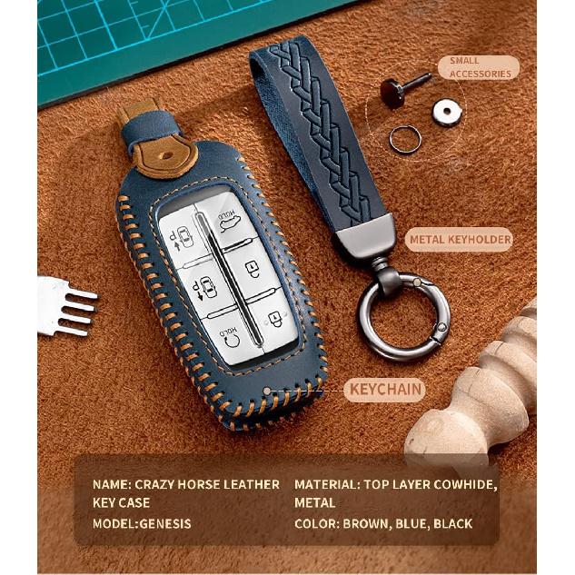 SANRILY FLL Production Leather Key Fob Cover for Genesis GV80 2021 2022 G80 GV70 G90 G70 Keyless 4/6/8 Button Key Case Shell with Keychain Brown
