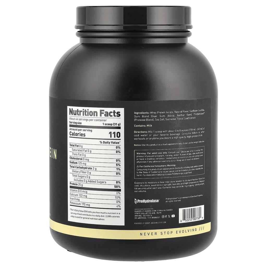Kaged, whey protein isolate, vanilla, 3 lb (1.36 kg)