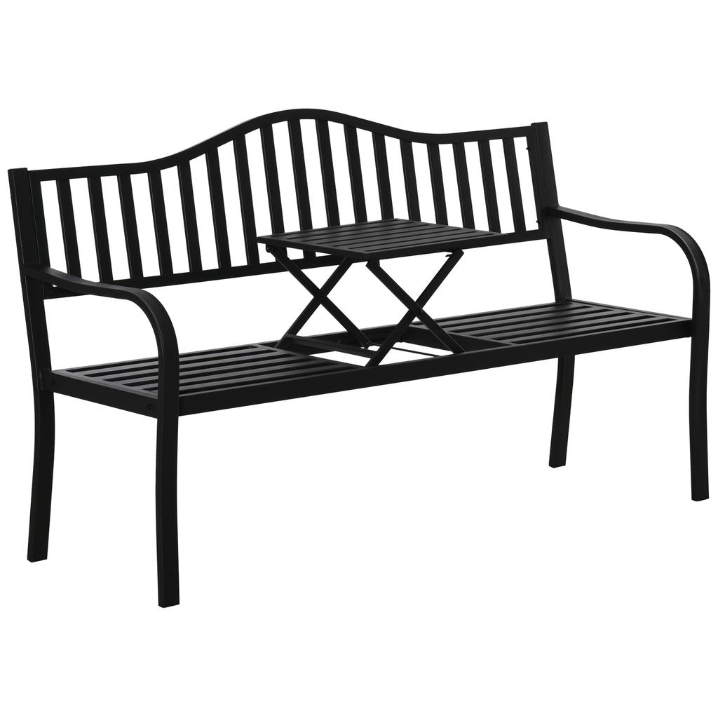 Metal Outdoor Bench with Liftable Middle Table. Patio Loveseat. Garden Bench for Garden. Porch. Seats 2–3 People. Black