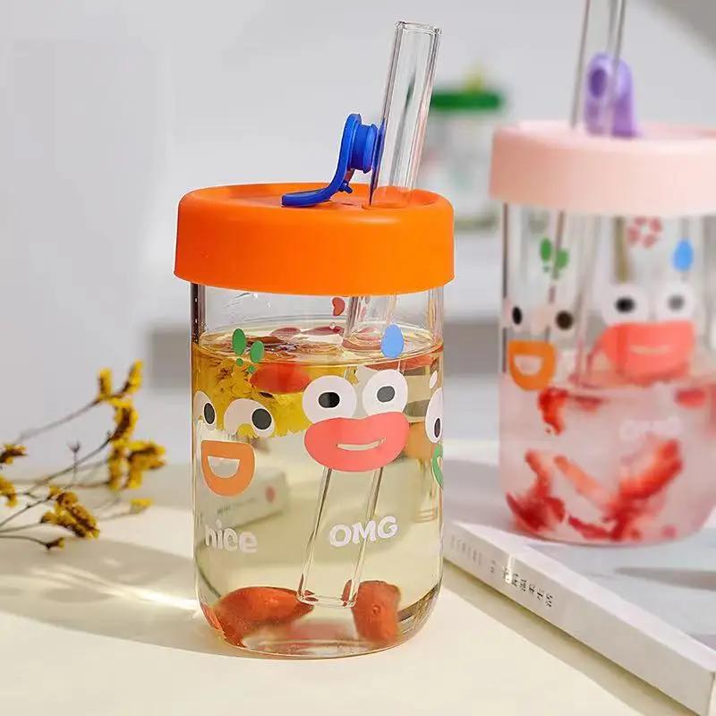 550ml Cute Kawaii Glasses With Lid and Straw Bubble Tea Cup Glass Cups For Coffee Mug Juice Can Milk Mocha Water Cup Drinkware