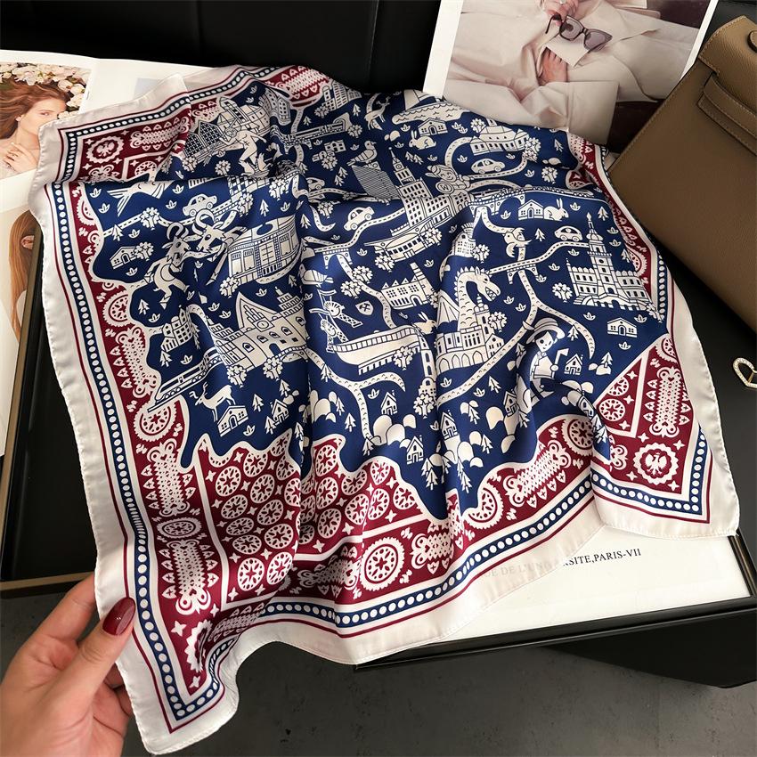 Imitated Silk Headcloth Fashion Flower Print Square Shawls Popular 70X70cm Bandanna Kerchief Sun Protection Silk Scarves Tie Bag