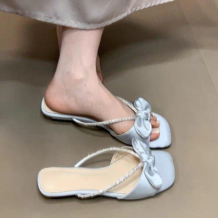 Summer new cool slippers women's bow rhinestone strap thick heel versatile sweet gentle square head one-word drag