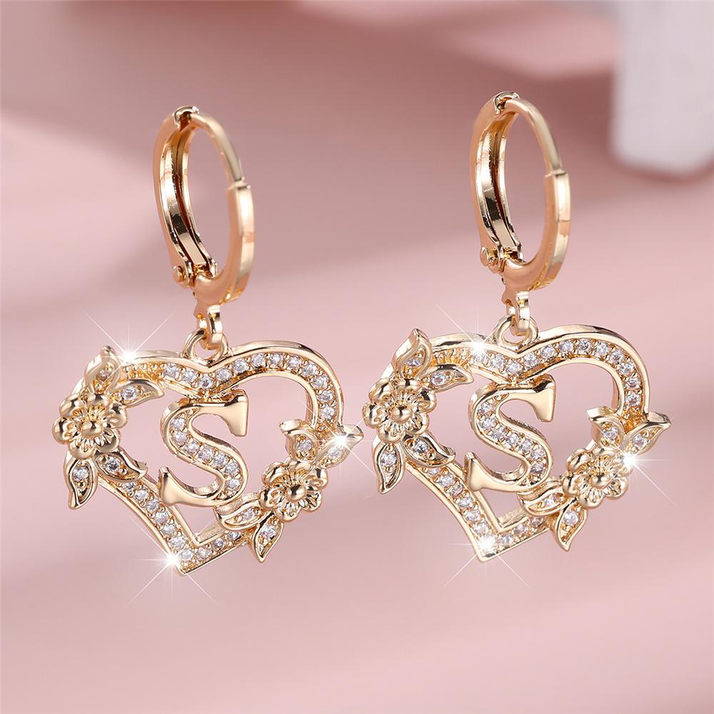 Female A-Z 26 Letter Heart Flower Hoop Earrings Yellow Gold White Zircon Wedding Jewelry For Women