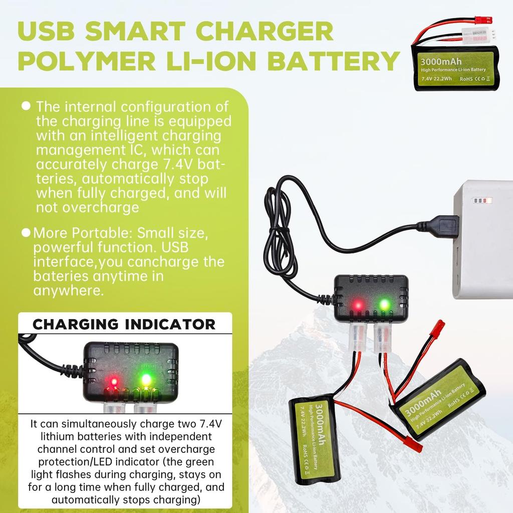 2x 7.4V 3000mAh 15C 2S Li-ion аккумулятор с разъемом JST-2P и зарядным устройством 2-в-1 – для RC-машины UDIRC UD1601 UD1602 SG1603, грузовик масштаба 1/10 1/12 1/16