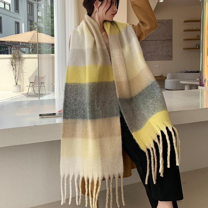 Winter New Scarf Women's Winter Thickened Warm Scarf Colored Plaid Fringed Scarf Shawl Fashionable Outer Cover