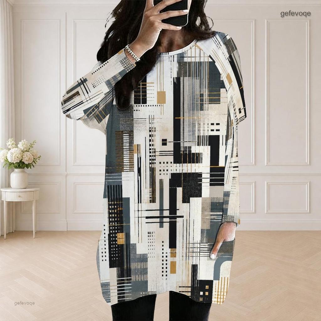 Women Plus Size Round Neck Long Sleeve Striped Printed Loose Longline Top With Pockets