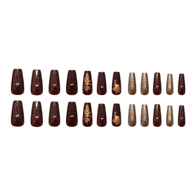 Pack Of 24 Amber Gold Maple Leaf Press On Nail For Autumn Winter ABS Stick On Nail Easy Application
