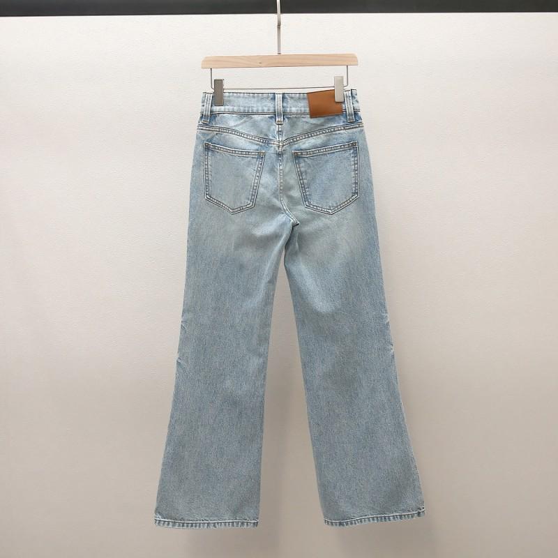 Womens High-Waisted A-Line Denim Pants With Bow Detail Pink Casual Chic Trousers Style