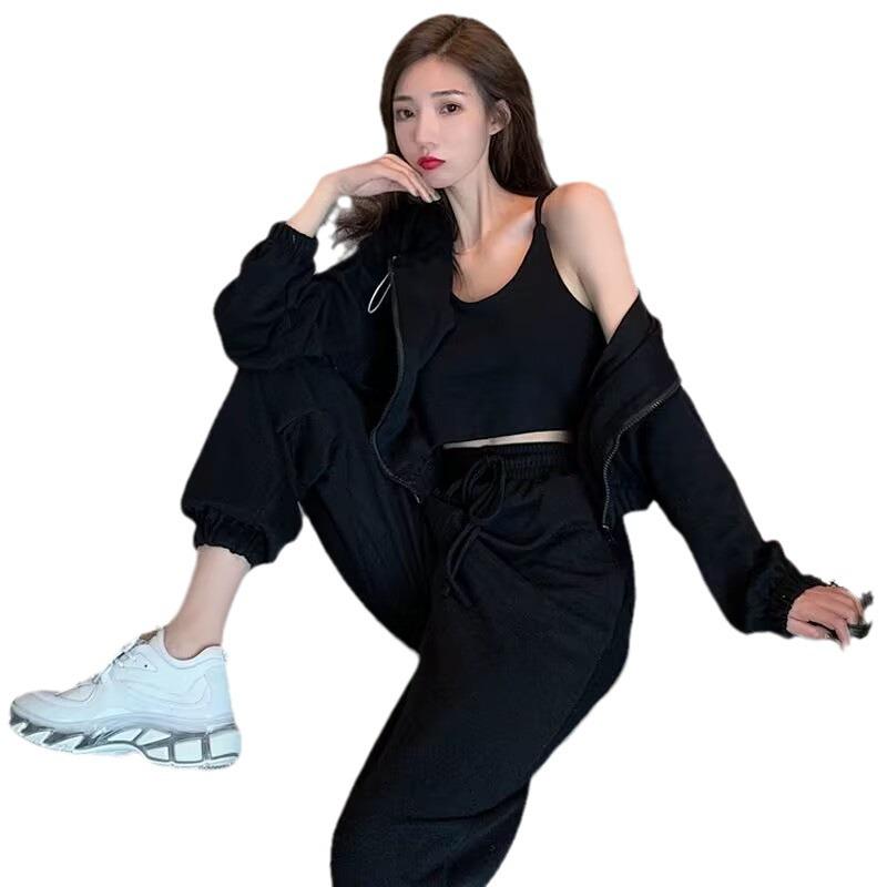 Women's Spring 2025 Three-Piece Tracksuit: Simple Hooded Jacket & Long Pants Set, Long-Sleeved Design