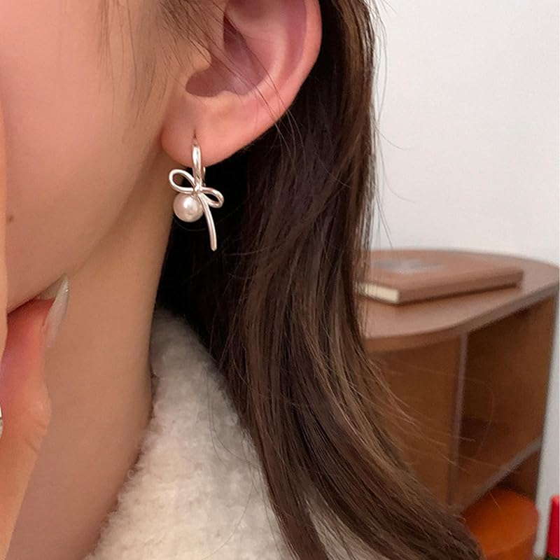 Moonstan earrings hoop earrings ladies Popularity ribbon gold silver pearl earrings cute Compatible with metal allergies present gift (Silver)