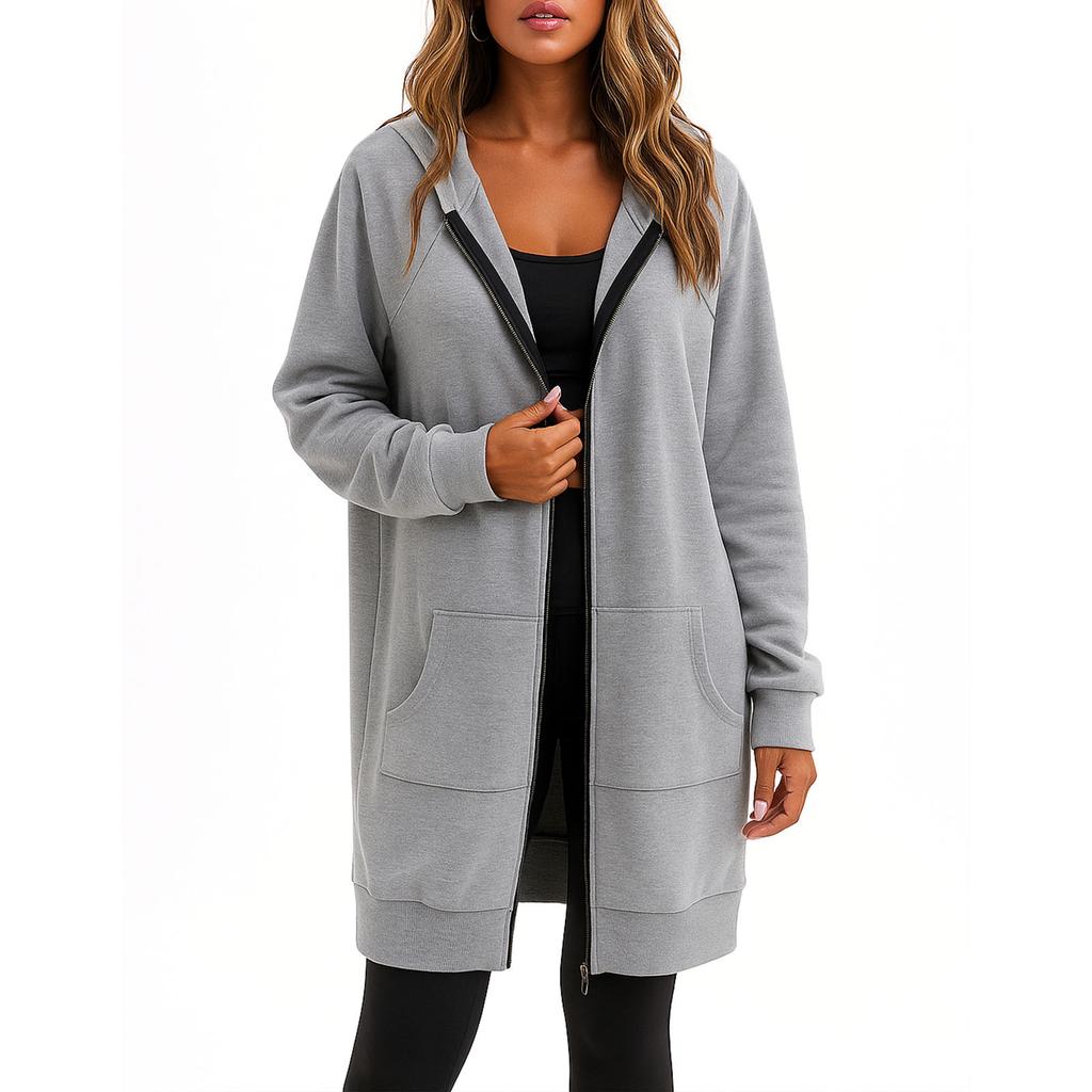 Women's Fashionable Solid Color Long Sleeved Hooded Pocket Casual Hoodie Jacket