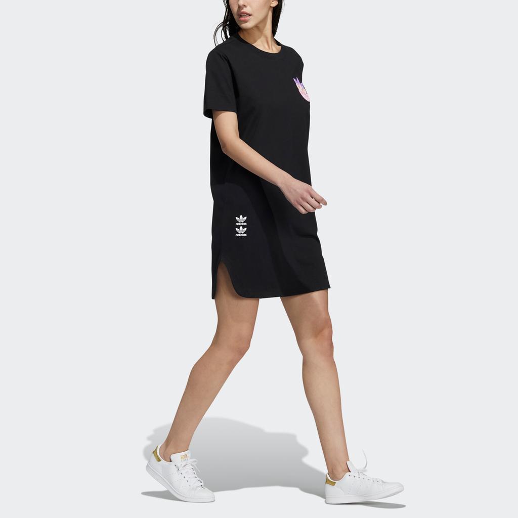 adidas Оригинальное графическое повседневное спортивное платье с круглым вырезом, тройным логотипом, дышащее, с коротким рукавом, женское, черное, HF0115