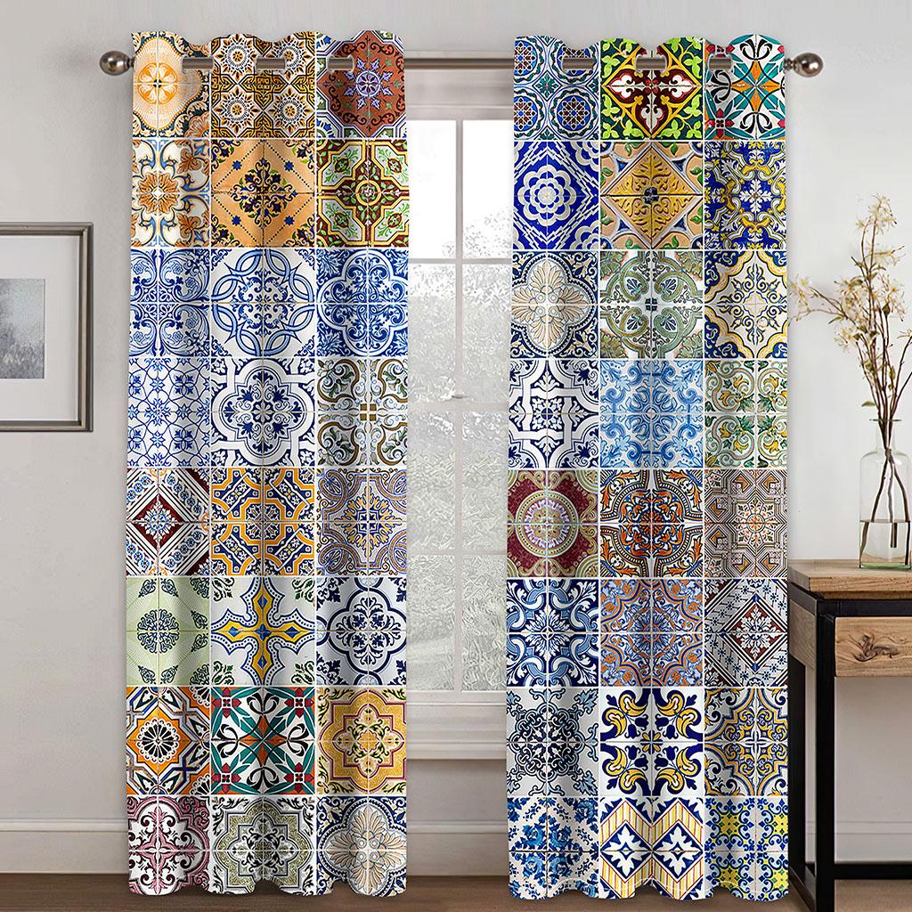 Bohemian Retro Luxurious Curtain Thin Polyester Sunshading Window Decorative Boho Printing Curtain Bedroom Finished Curtains