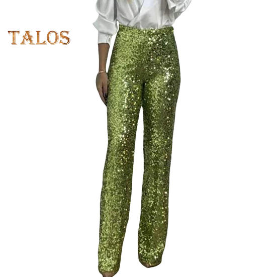 Women Sequins Long Pants High Waist Slim Fit Shining Trousers Solid Color Elastic Flared Pants Streetwear