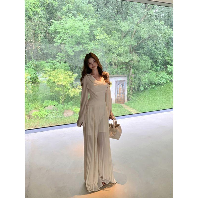 Kumikumi Модный костюм Элегантный отложной воротник Рубашка с длинными рукавами Женский Осенний С высокой талией Приталенный Широкие брюки Набор из двух предметов