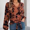 Женская блузка с V-образным вырезом и длинным рукавом, стильная рубашка с принтом для весенне-осеннего сезона