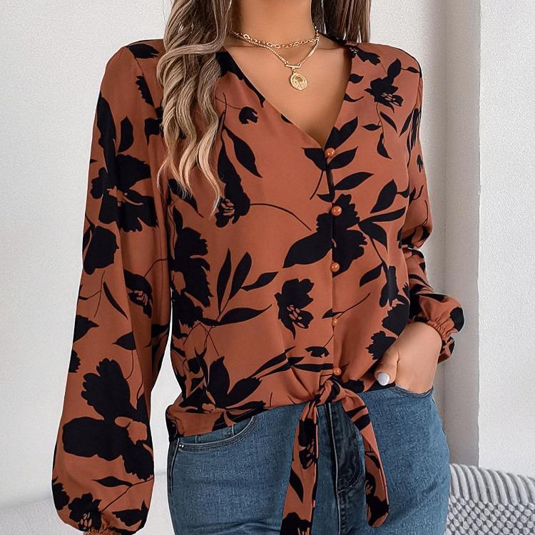 Женская блузка с V-образным вырезом и длинным рукавом, стильная рубашка с принтом для весенне-осеннего сезона